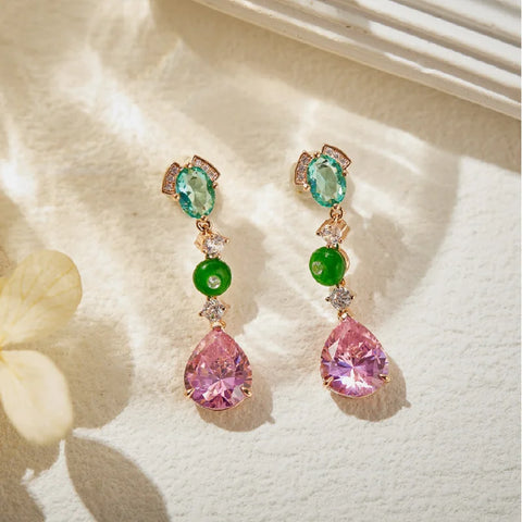 Designer Collection Style Ring Earrings Necklace Women Lady Inlay Pink Round Cubic Zircon Enamel Dinner Party Jewelry Sets