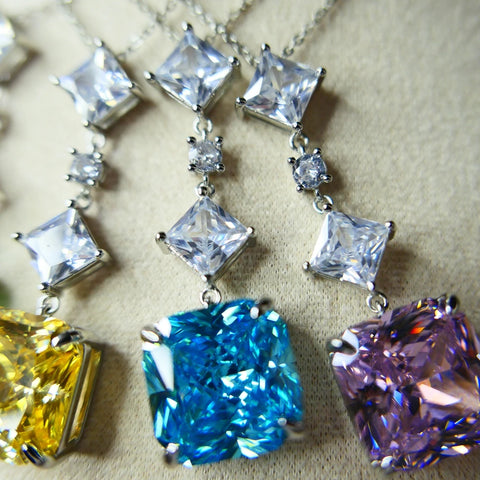 KQDANCE Simple Created 15mm Square Emerald  Pink Yellow Blue CZ Diamond Pendants Necklace with Green Stone Jewelry For Women