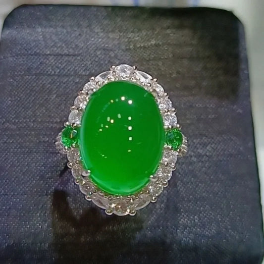 Natural 925 Silver Inlaid with High Ice Emperor Green Jade Ring