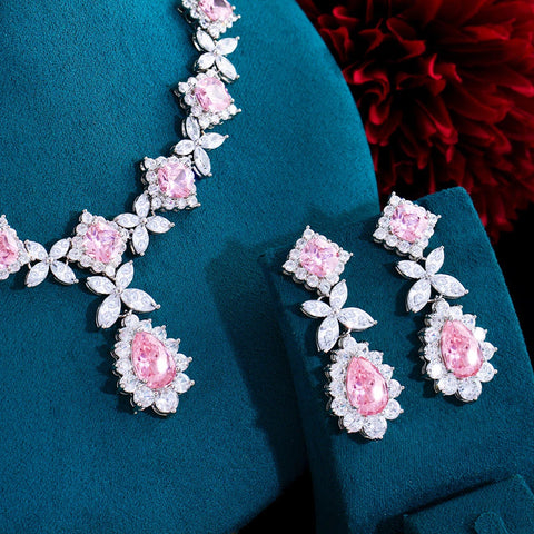 Pera Sweet Pink Cubic Zirconia Long Water Drop Pendant Necklace Earrings Jewelry Sets for Women Wedding Party Accessories J108