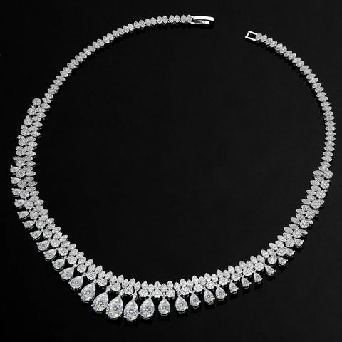 Luxury White Cubic Zirconia Bridal Jewelry Set Brides Accessories Tassel Water Drop Necklace Earring 4pcs Set for Wedding Party