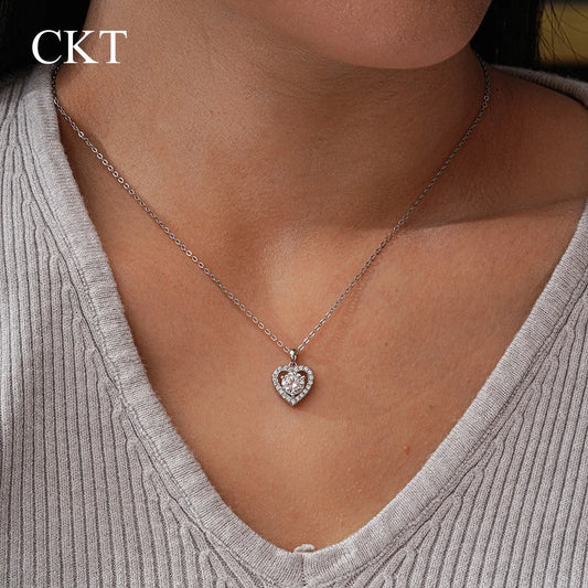 CKT 18k White Gold 1ct Diamond Moissanite Star & Moon Celestial Heart Pendant, Dainty Platinum Pt950 Necklace Fine Jewelry