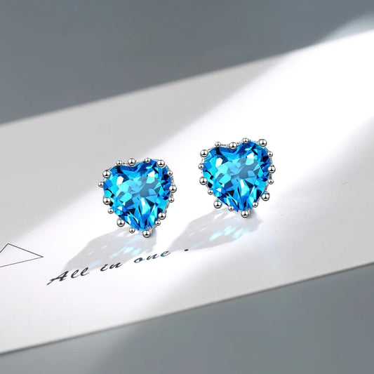 925 Sterling Silver Heart Blue Zircon Stud Earring