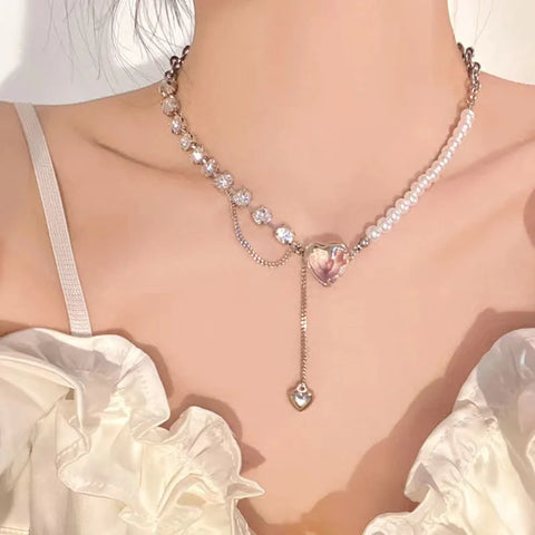 Y2K Accessories Fashion Peach Heart Water Drop Pendant Necklace Purple Crystal Egirl Sweet Cool Clavicle Chain Aesthetic Jewelry