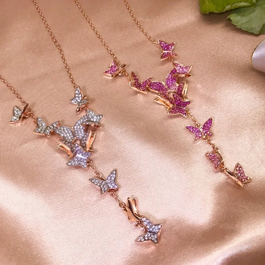 Original 2025 New Trend Fine Jewelry Set Charm Pink Butterfly Crystal Fashion Necklace Bracelet Earrings for Women's Party Gifts