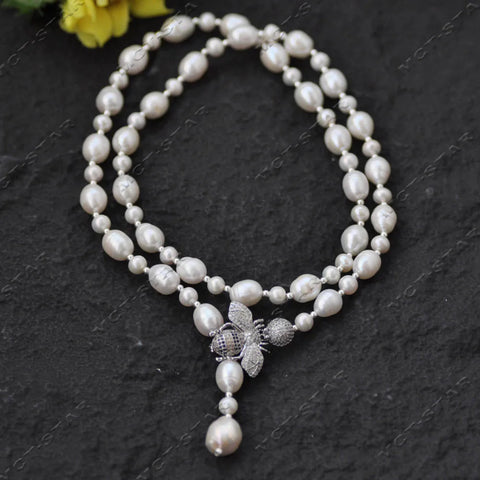 Z13663 30" White Gray Round Rice Freshwater Pearl Necklace Keshi Pearl Pendant CZ Custom Jewelry