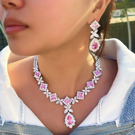 Pera Sweet Pink Cubic Zirconia Long Water Drop Pendant Necklace Earrings Jewelry Sets for Women Wedding Party Accessories J108