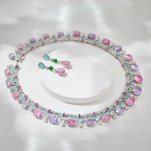 Designer Collection Style Ring Earrings Necklace Women Lady Inlay Pink Round Cubic Zircon Enamel Dinner Party Jewelry Sets