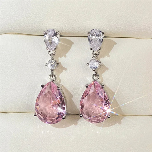 925 Sterling Silver Sweet Pink Pear Cubic Zirconia Drop Earrings