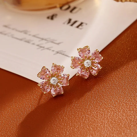 Elegant Pink Zircon Flower Ear