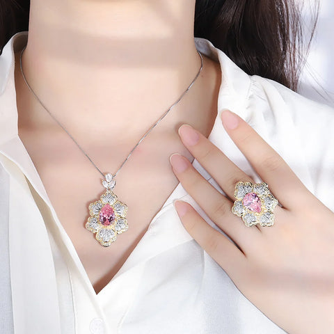 Luxury 10*14mm Pink Quartz Gemstone Wedding Party Fine Jewelry Sets for Women Lab Diamond Pendant Necklace Ring Anniversary Gift