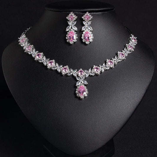 Women Simple Fashion Colored Gemstone Bridal Zircon Necklace Full Diamond Earrings Set