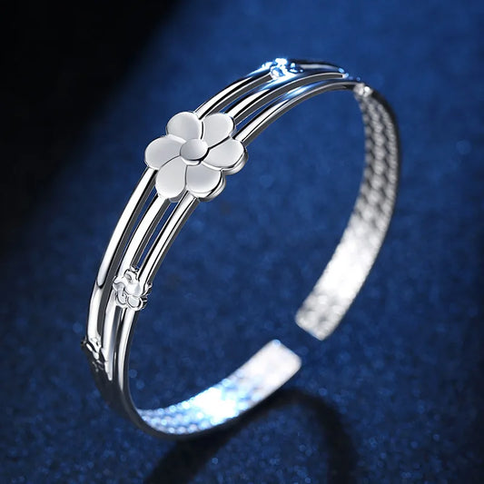 925 Sterling Silver Flower Open Bangle Hand Bracelets