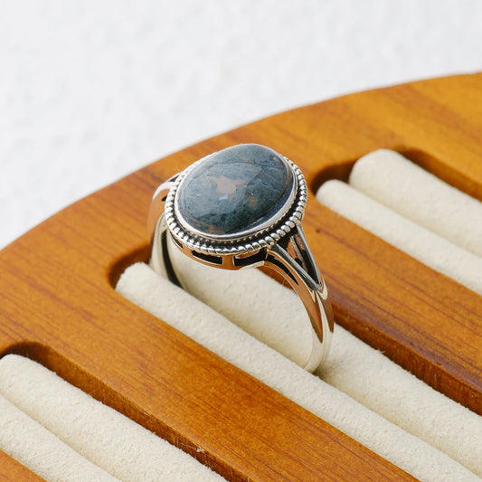 925 sterling silver moss agate women's ring