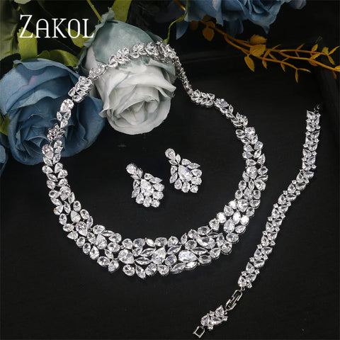 ZAKOL Brand Luxury White Dubai Nigeria Jewelry Set for Women CZ Zirconia Earrings Necklace Sets Bridal Wedding Dress