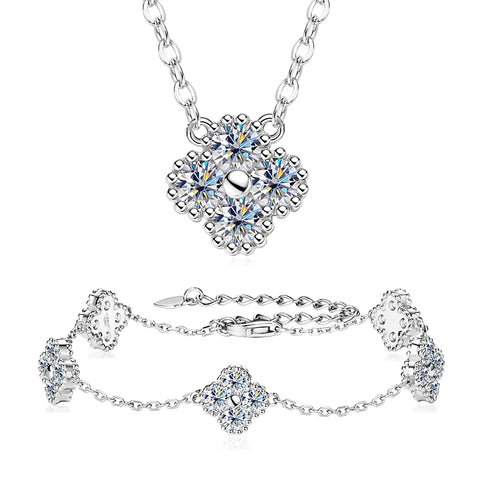 18k Gold Plated 925 Silver 3mm Moissanite Necklace Earrings Bracelet Sets 3 In 1 Clover Flower Charm Jewelry Set for Women Gift