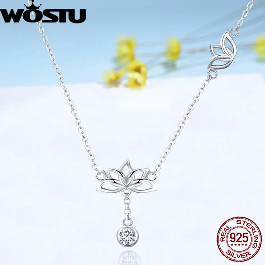 WOSTU Hot Fashion 925 Sterling Silver Lotus Flower Original Pendent Necklaces For Women Luxury Wedding Silver Jewelry FNN012