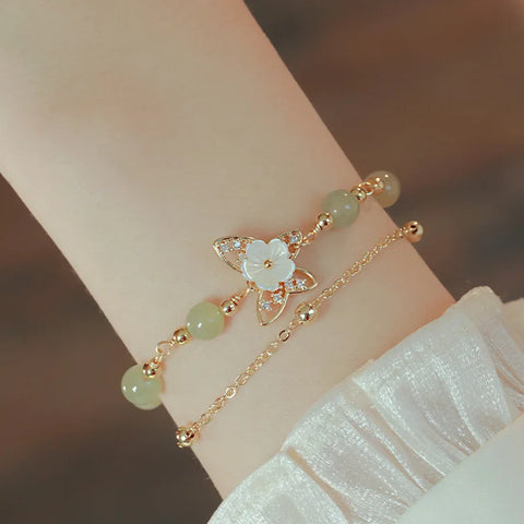 Double Layers Green Jade Flower Butterfly Jewelry