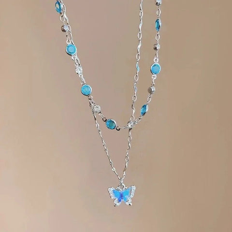 LATS Romantic Blue Crystal Butterfly Necklace for Women Girls Simple Shiny Zircon Bilayer Choker Clavicle Chain New Fine Jewelry