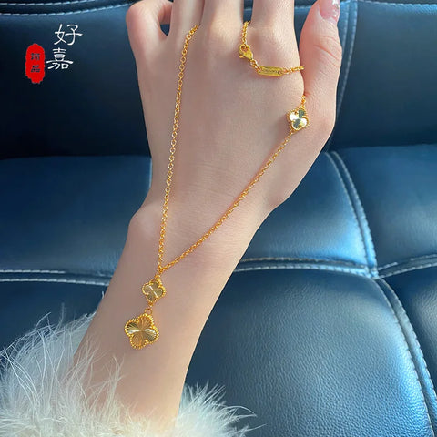 Light luxury 24K real gold four-leaf clover integrated necklace au9999 three-flower clavicle chain high-end women