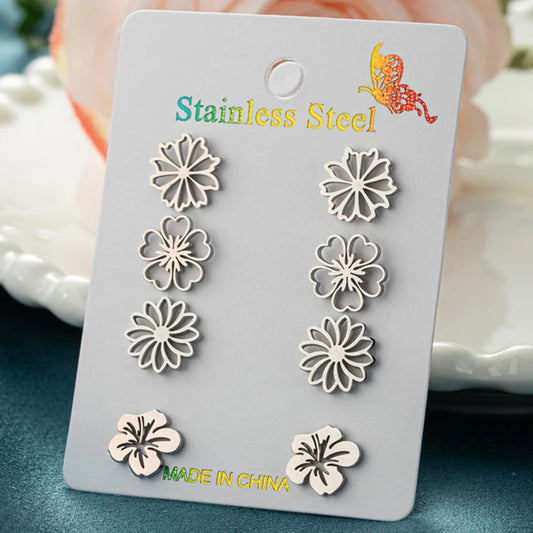4Pairs/Lot Fashion Stainless Steel Star Moon Stud Earrings Sets