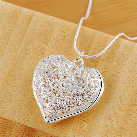 925 Sterling Silver 18-30 Inch Carved Heart Pendant Snake Chain Necklace For Women Fashion Wedding Party Charm Jewelry