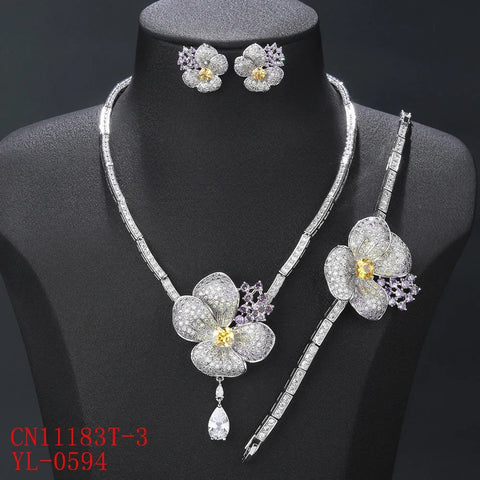 Luxury 3-piece Cubic Zirconia Flower Necklace Earrings Bracelet Set Bridal Wedding Accessories CN11183T