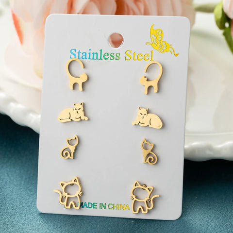 4Pairs/Lot Fashion Stainless Steel Star Moon Stud Earrings Sets