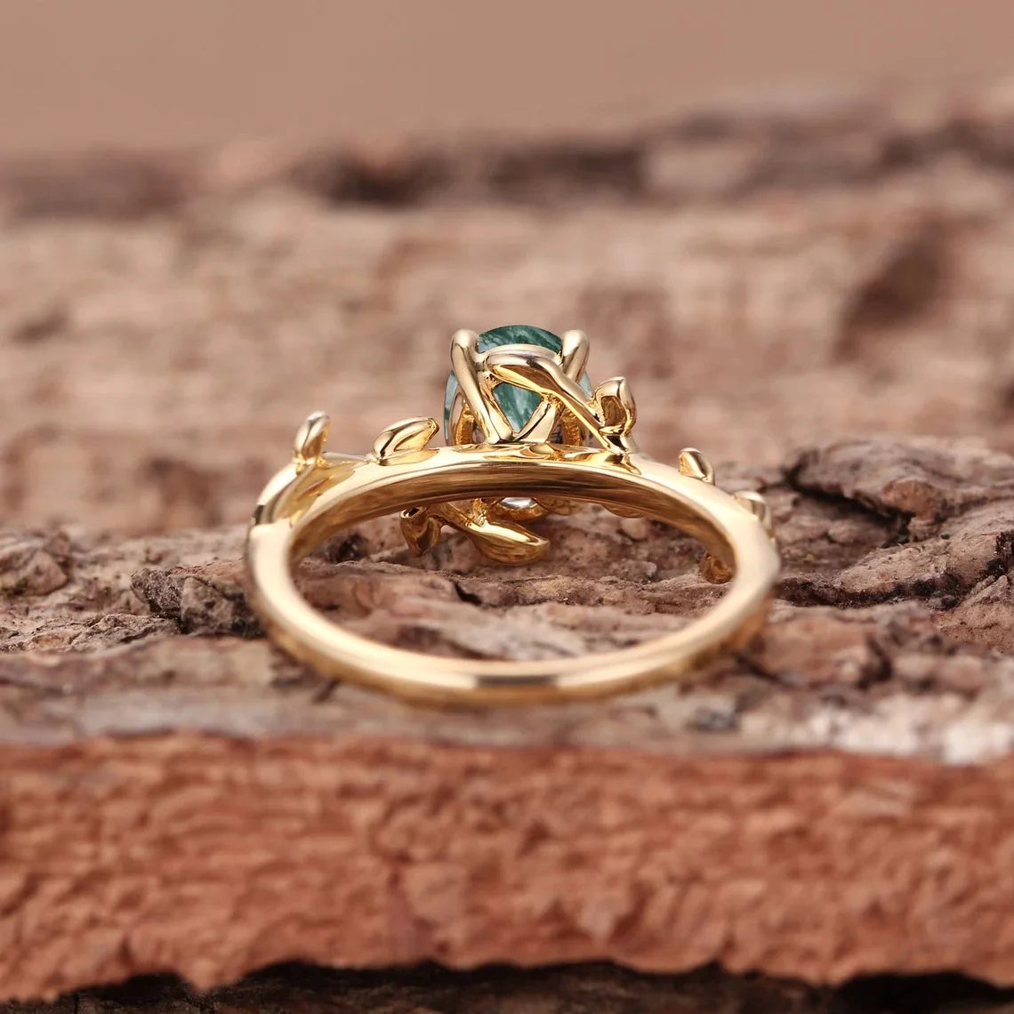 Cocktail Oval Shaped Moss Agate Rings Leaf Branch Ring - BOLEVARD RING