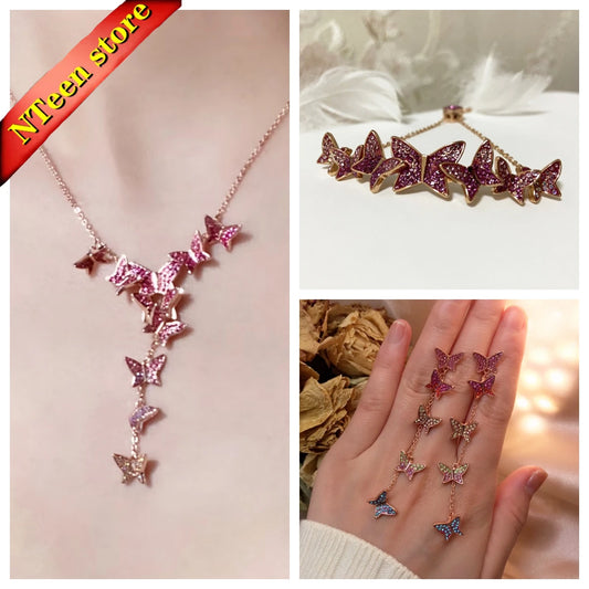 Original 2025 New Trend Fine Jewelry Set Charm Pink Butterfly Crystal Fashion Necklace Bracelet Earrings for Women's Party Gifts