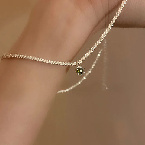 Green Zircon Sparkling 925 Silver Elegant Simple Light Luxury Clavicle Chain Necklace for Women