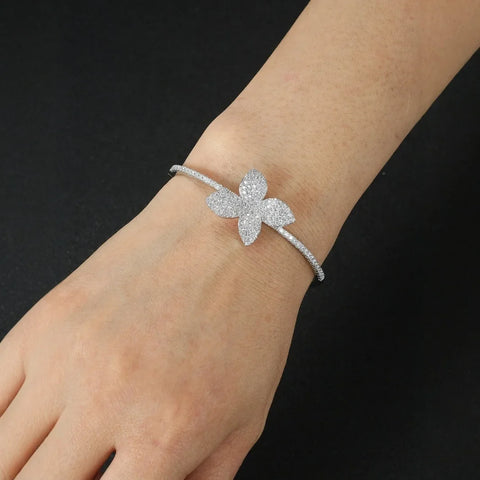 Luxurious White Zircon Four Leaf Clover Open Hand Bracelet