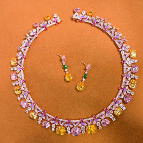 Designer Collection Style Ring Earrings Necklace Women Lady Inlay Pink Round Cubic Zircon Enamel Dinner Party Jewelry Sets