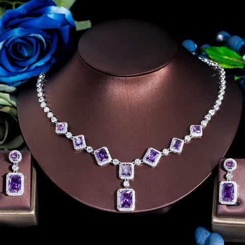 ThreeGraces Elegant Purple Cubic Zirconia Big Square CZ Drop Earrings and Necklace Bridal Wedding Jewelry Set for Women TZ882