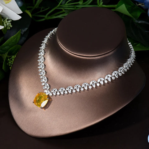 HIBRIDE 2PCS Square Design Women Necklace And Earring Sets Cubic Zirconia Yellow Color Jewelry Sets For Bridal Wedding N-1126