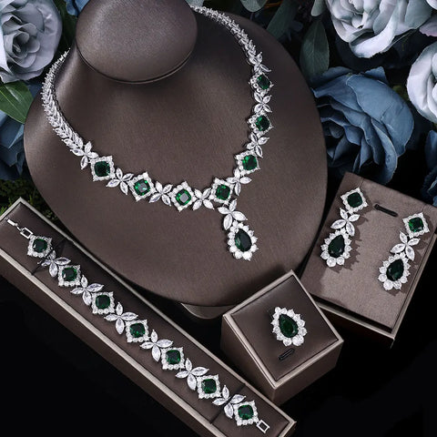 2022 Popular Cubic Zirconia Wedding Jewelry Set Women's Bride 4 Earrings Necklace Set Promotion