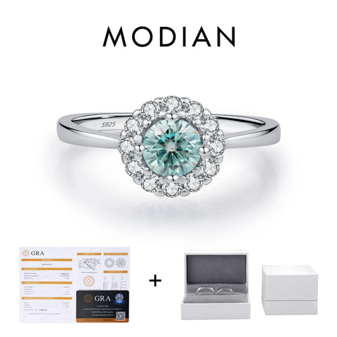 MODIAN D Color Green Teal Moissanite Halo Ring