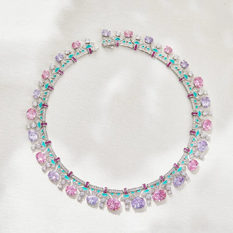 Designer Collection Style Ring Earrings Necklace Women Lady Inlay Pink Round Cubic Zircon Enamel Dinner Party Jewelry Sets