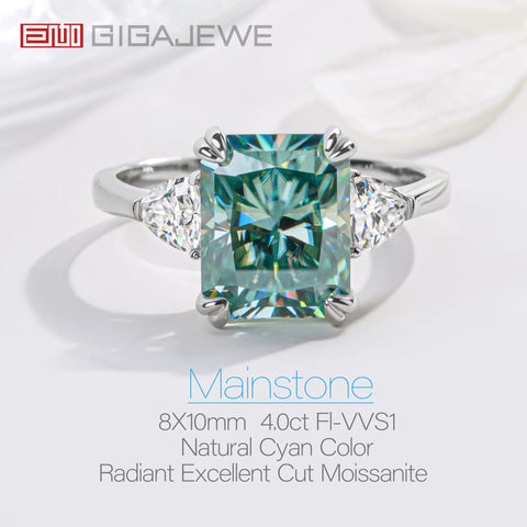 GIGAJEWE Moissanite 8X10mm 4.0ct Radiant Cut Natural Cyan