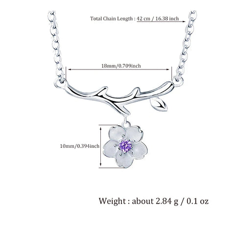 Cute Lovely Branches Cherry Blossoms Pendant Necklaces For Women Shiny Crystal Pink/Purple Zirconia Flower Elegant Neck Jewelry