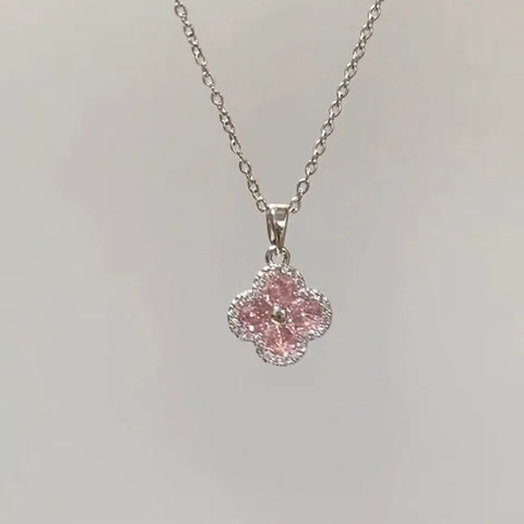 Trend Pink Four Leaf Flower Zircon Pendant Necklaces for Women Fashion Jewelry Light Luxury Minimalist Accessories