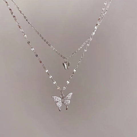 LATS New Shiny Butterfly Necklace Ladies Exquisite Double Layer Clavicle Chain Necklace Jewelry for Ladies Gift