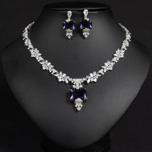 New Luxury Jewellery Square Flower Necklace Earrings Pendant Ladies Zirconia Accessories Set Party Prom Gift Dress M-339