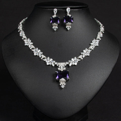 New Luxury Jewellery Square Flower Necklace Earrings Pendant Ladies Zirconia Accessories Set Party Prom Gift Dress M-339
