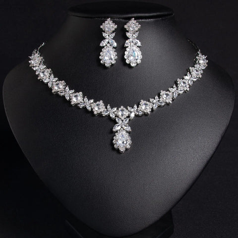 Women Simple Fashion Colored Gemstone Bridal Zircon Necklace Full Diamond Earrings Set