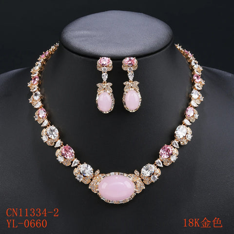 Beautiful Pink, Purple Imitation Agate Stone, Cubic Zirconia Necklace Earrings Set Bridal Wedding Jewelry Gift CN11334