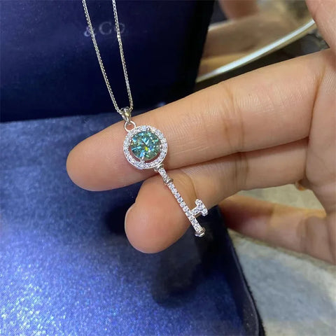 Round Shiny Blue-Green Moissanite Key Pendant Necklace, Luxury Neck Jewelry Valentine's Day Christmas Gifts For Lover