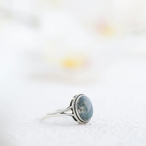 925 sterling silver moss agate women's ring