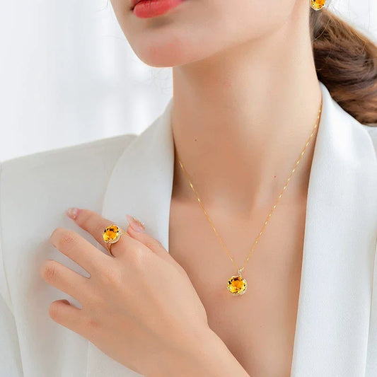 Natural Yellow Citrine Quartz Flower Adjustable Ring