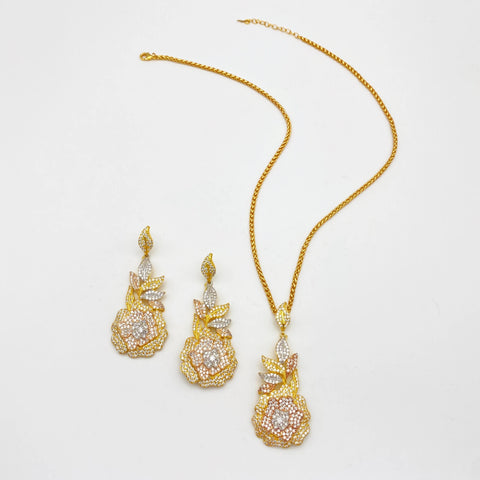 JRH Elegant Floral 2PC Jewellery Woman Set Gold Plated Zircon Flower Pendant Necklace Earrings Party Accessories Free Gift Box